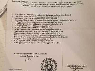 La lista con gli oggetti da vicolare inviata alla famiglia Buompastore da parte della Soprintendenza